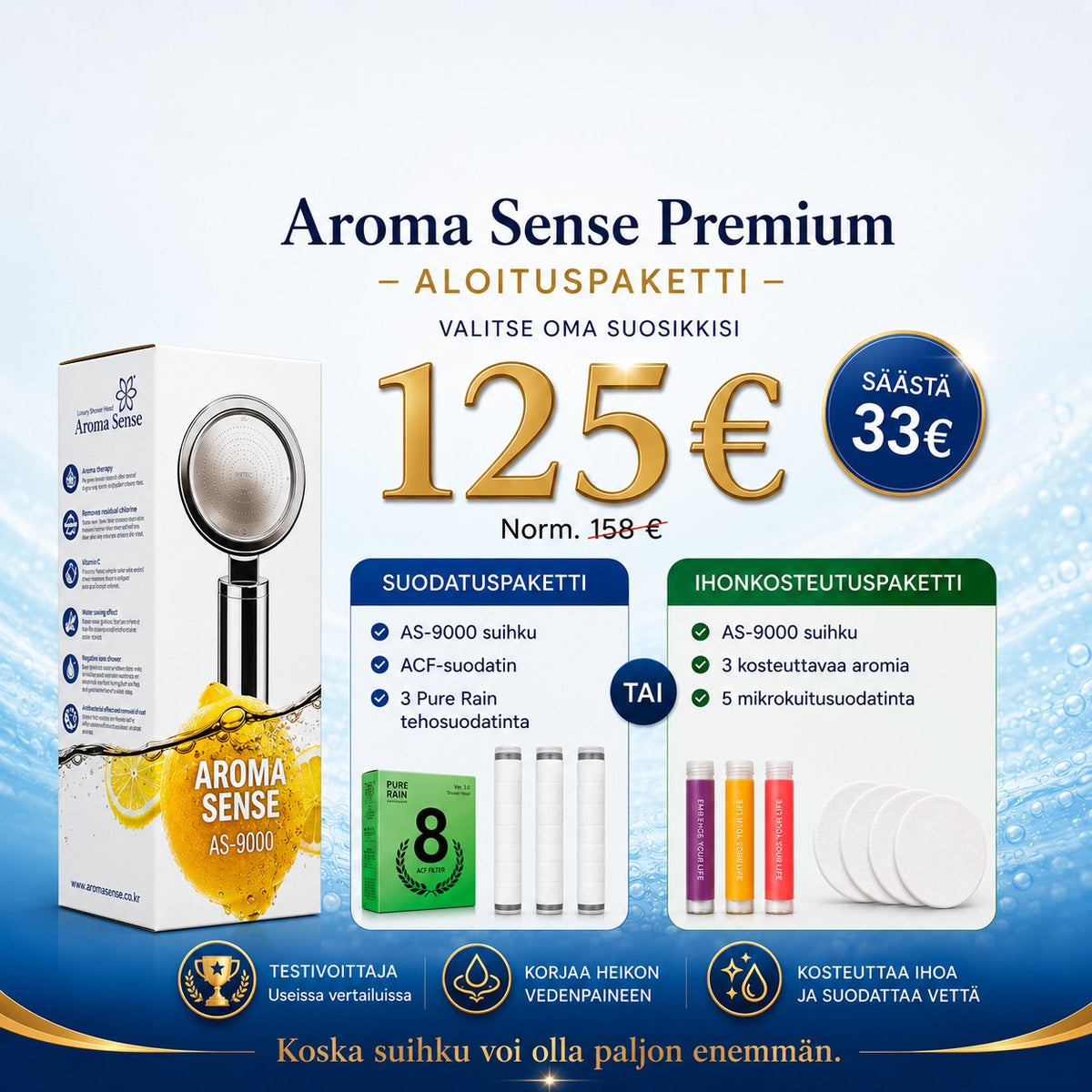 Aroma Sense Premium -aloituspaketti: AS-9000-suihku, suodattimet ja aromit yhdessä paketissa – parempi suihku, Suomi
