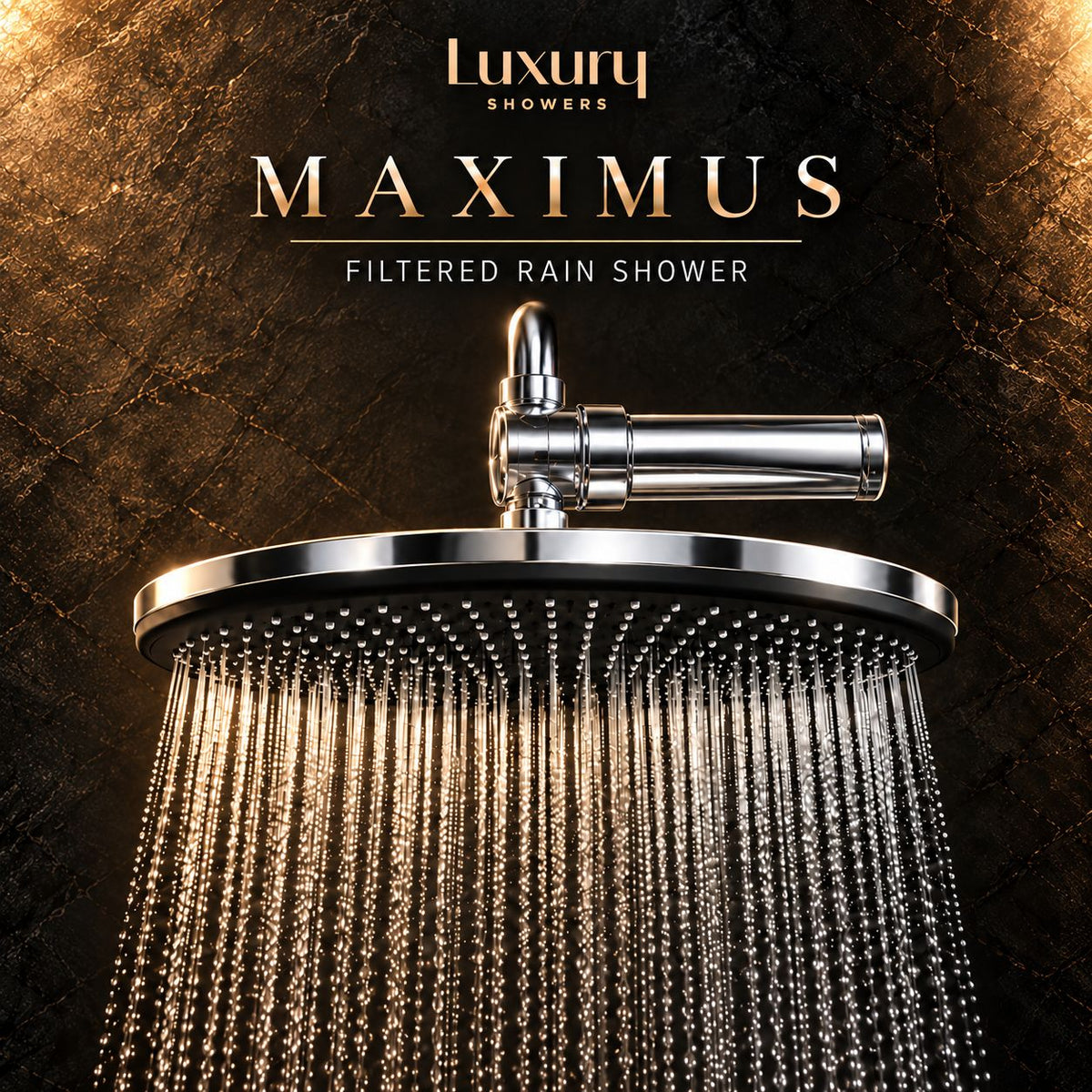 Luxury Showers Maximus 32 cm suodattava sadesuihku suihkuttaa vettä tummalla taustalla, Pure Rain