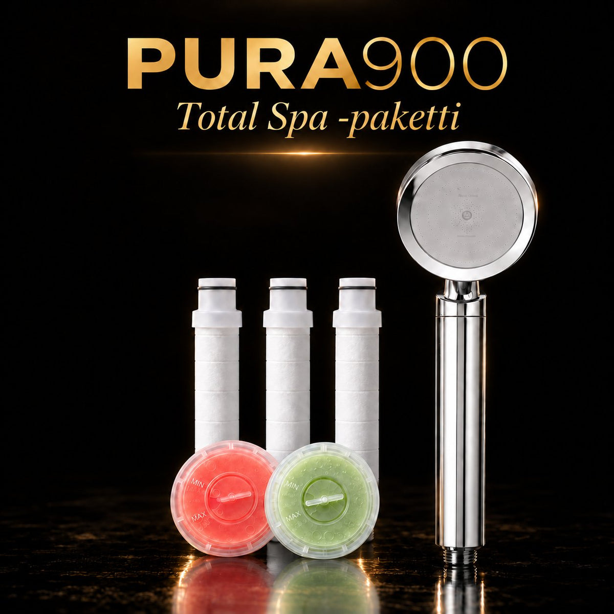 PURA900 Total Spa: kromattu suihku, kolme suodatinta sekä punainen ja vihreä aromi mustalla taustalla